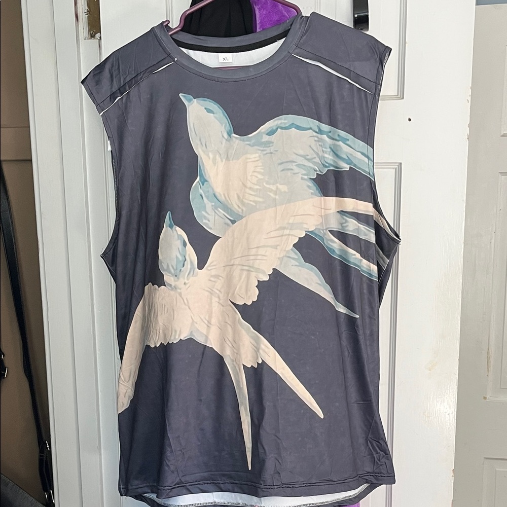 Gray Sleeveless Top with Bird Print